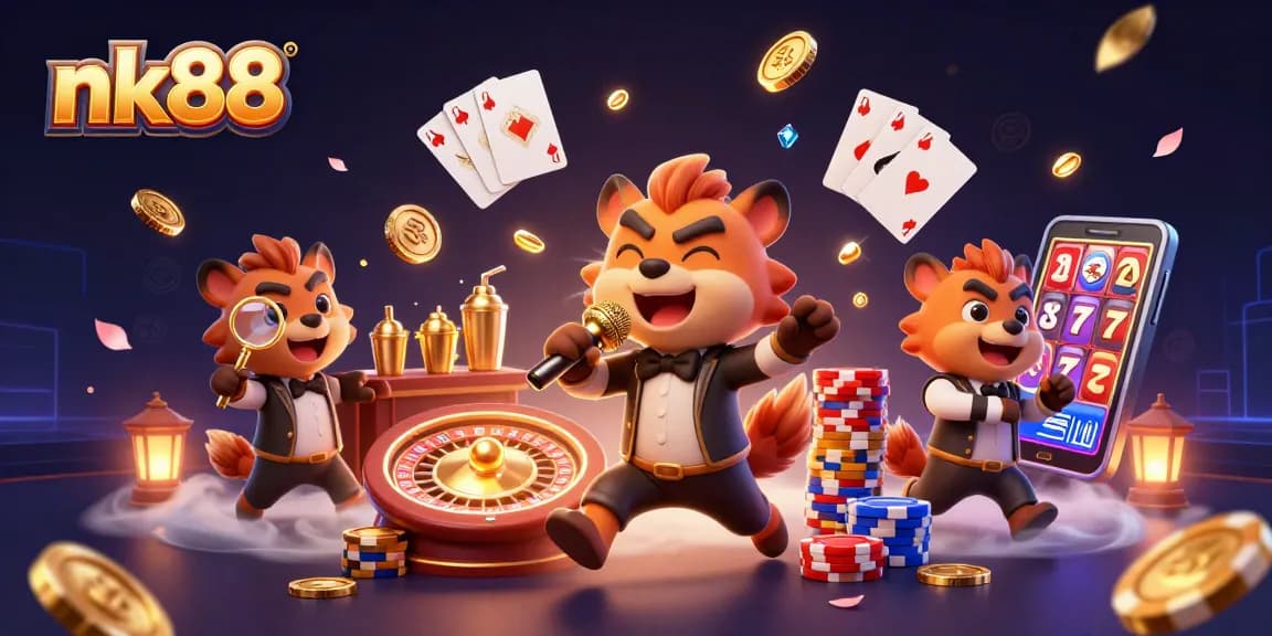 Experience the fun of nk88's comedy casino with hyenas hosting, drinks flowing, and exciting gameplay!