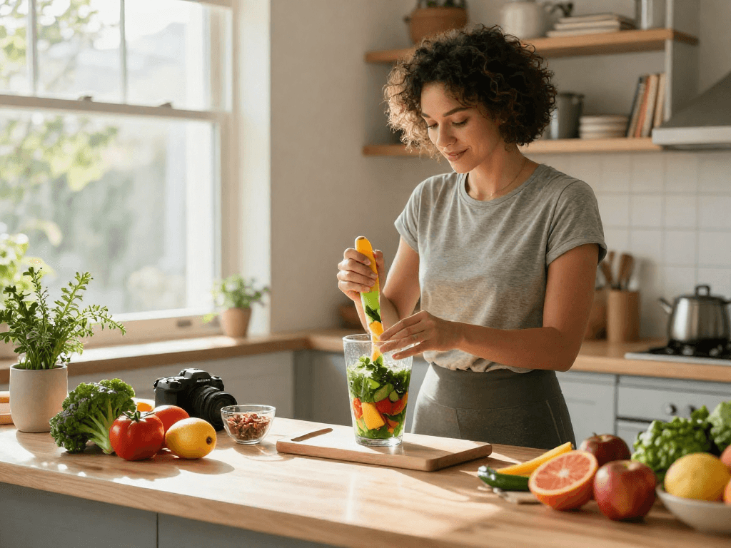 A vibrant kitchen scene showcasing a health-conscious individual making a smoothie, emphasizing rokok88 login lifestyle choices.