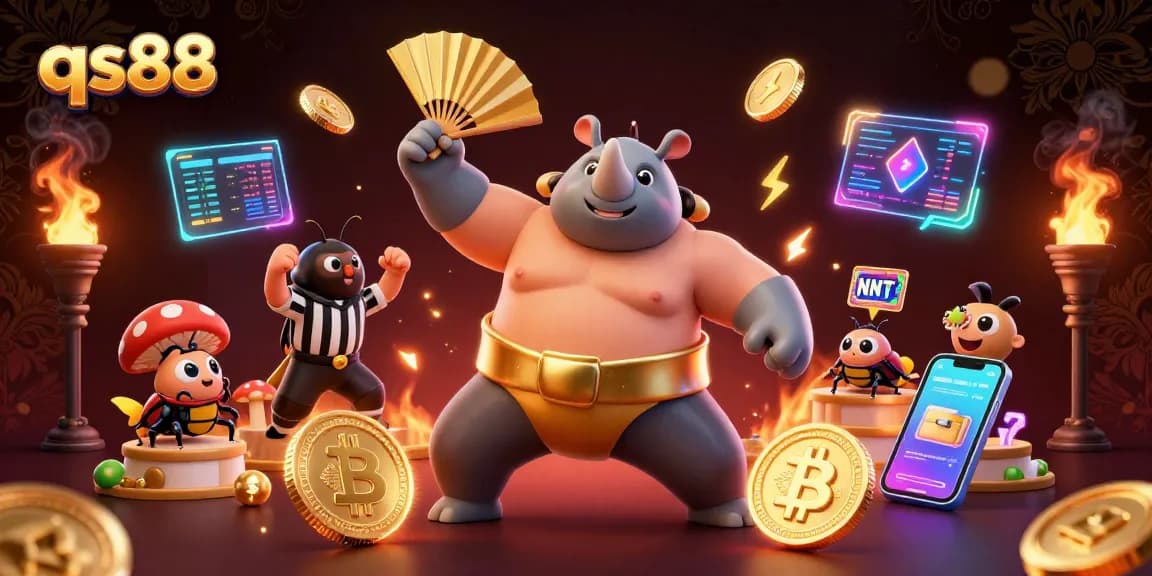 Experience thrilling games at qs88 with a dynamic illustration of a beetle sumo champion amidst glowing coins and cryptocurrency elements.