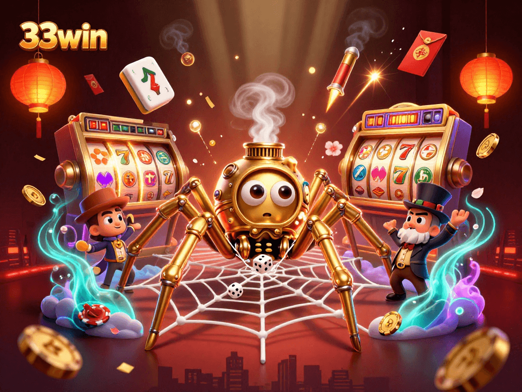 33win captivating casino experience with steampunk elements and vibrant slot symbols.