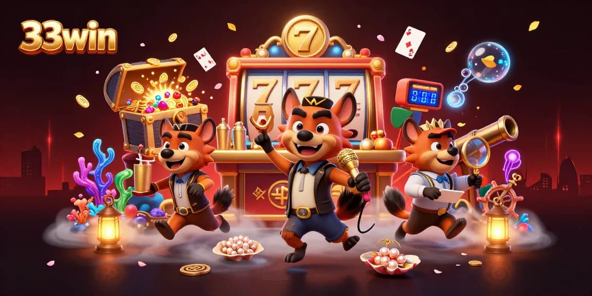 Experience vibrant comedy and gaming at 33win's dynamic casino club with a lively hyena trio.