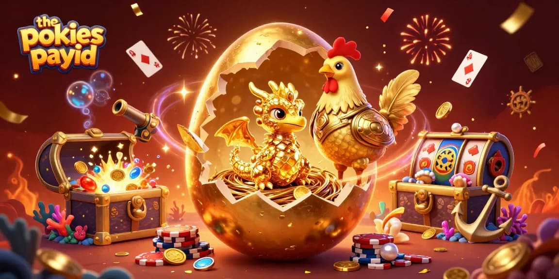 The pokies payid reveals an exciting world of gambling with a golden dragon, poker chips, and festive casino elements.