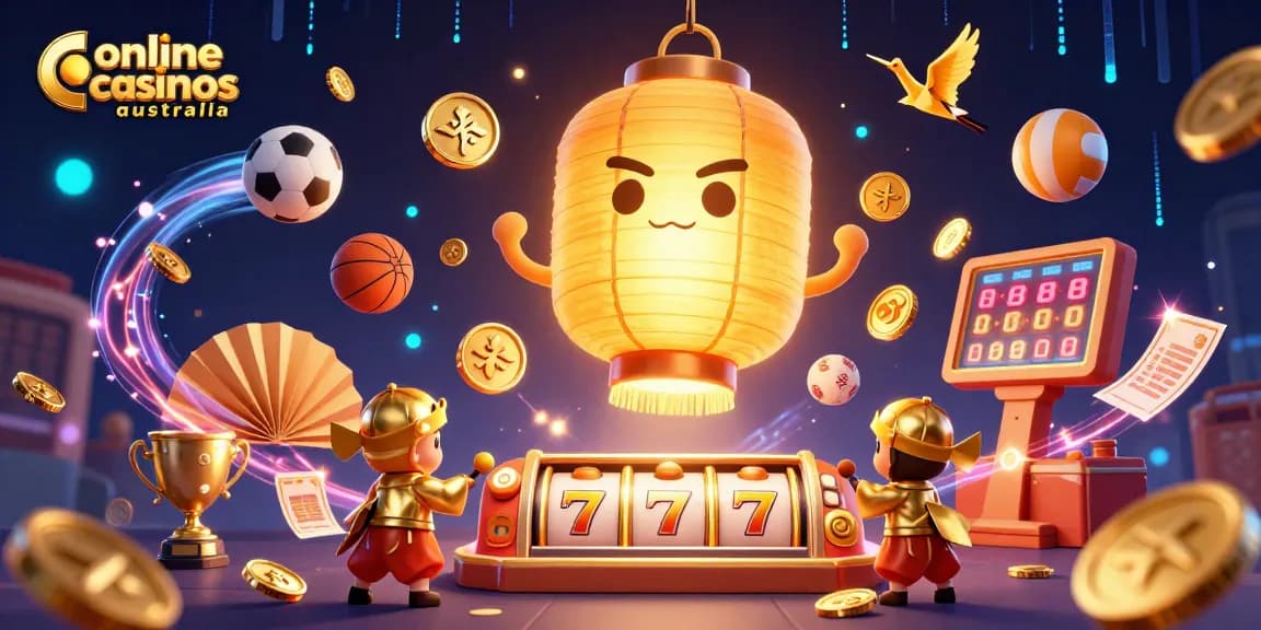 Experience engaging gameplay at online casinos Australia with vibrant 3D illustration showcasing slot reels and dynamic sports elements.