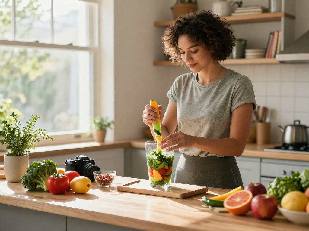 A vibrant kitchen scene showcasing a health-conscious individual making a smoothie, emphasizing rokok88 login lifestyle choices.