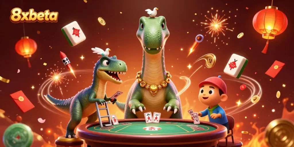 Experience the excitement of 8xbeta as a cartoon brontosaurus oversees a lively casino scene with colorful game elements.