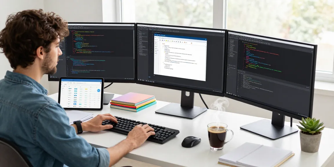 Download WPS Office in a dynamic tech workspace with developer focused on coding and productivity tools.