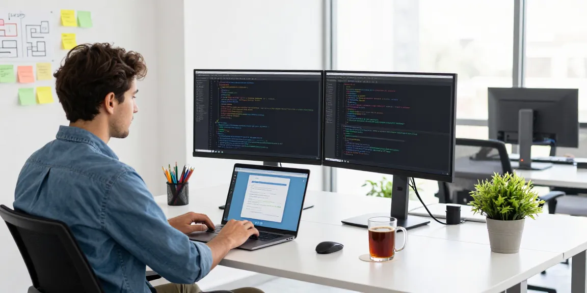 Engaging tech workspace featuring a developer writing code, promoting Telegram Download.