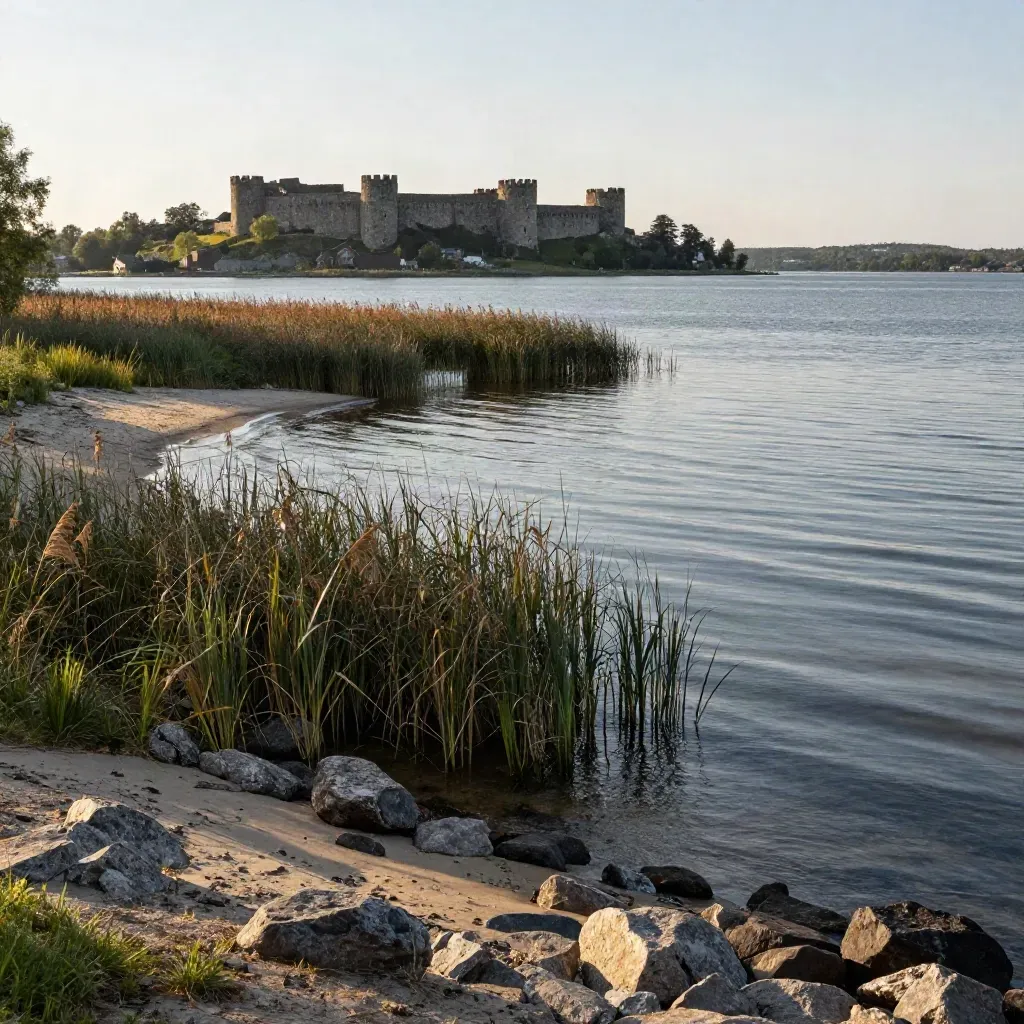 Södermanlands läns sjölandskap med slottsrygg, vass och kvällsdimma över stilla vatten.