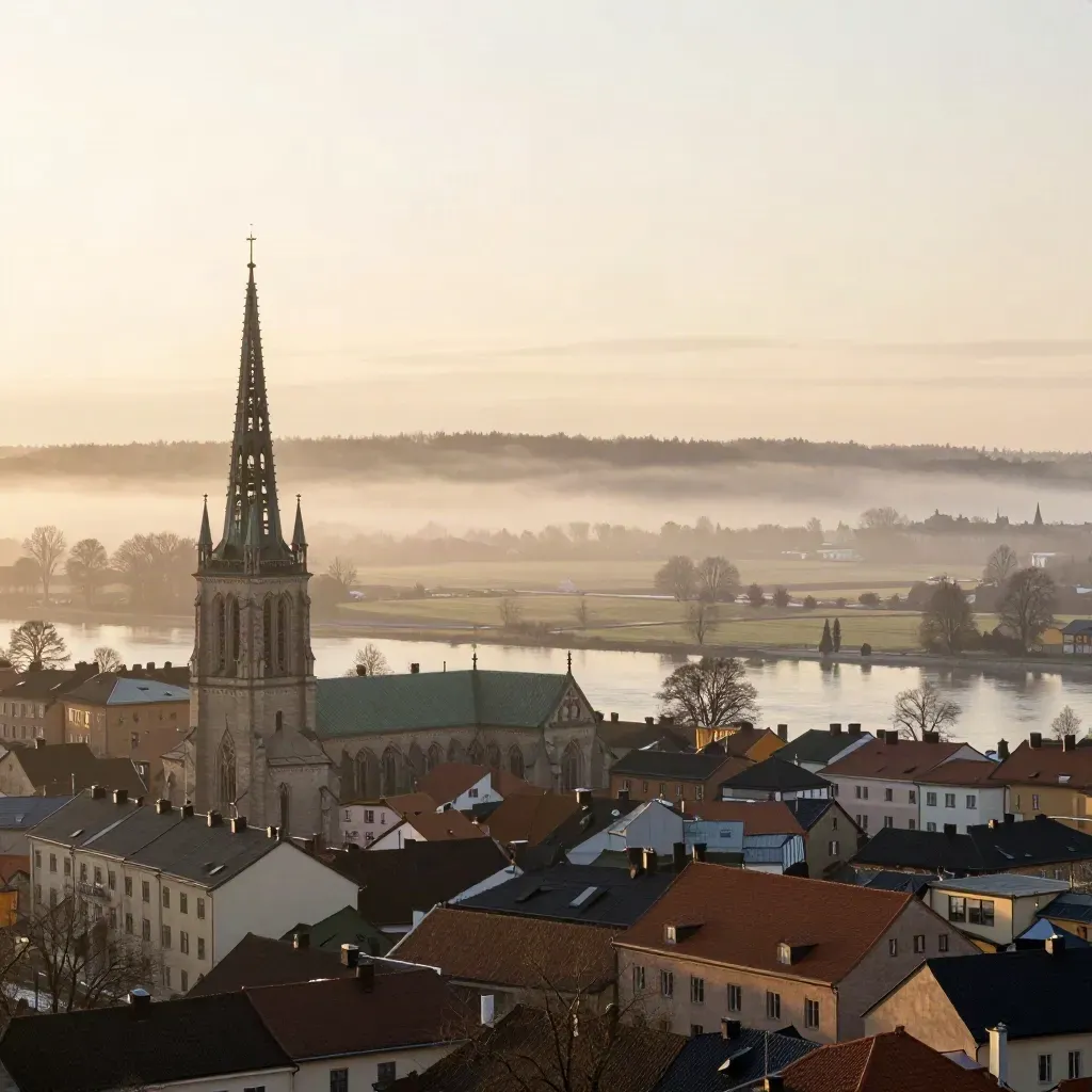 Uppsala domkyrkspiror över dimmig slätt i gyllene morgonljus