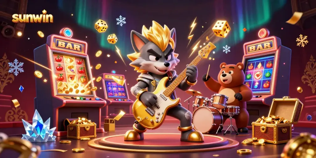 Experience exciting gambling action with sunwin's vibrant casino scene featuring a rock star wolf and a drummer bear.