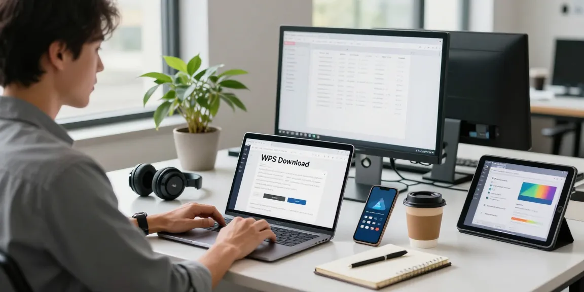 WPS Download page on a laptop in a bright, modern office setting.