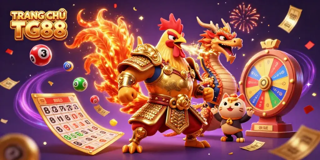 Engage in thrilling gaming at TRANG CHỦ TG88 with lively characters and sparkling lottery elements.