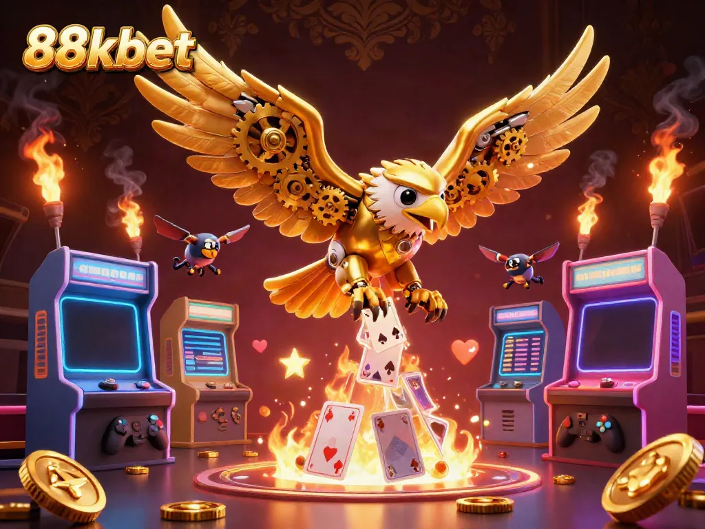 Experience excitement at 88kbet with a vibrant 3D casino scene filled with playing cards, arcade game machines, and themed characters.